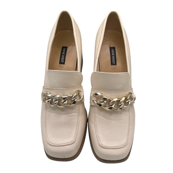 Nine West Cream Loafers Chain Detail 10 Block Heel Square Toe Business Office - Picture 3 of 5